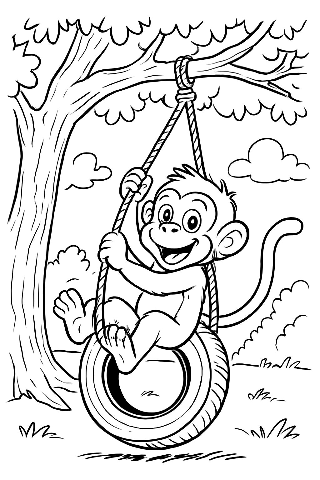 Ein süßer Affe der auf einer Reifenschaukel schaukelt und die Schaukel hängt an einem Baum Ein süßer Affe der auf einer Reifenschaukel schaukelt und die Schaukel hängt an einem Baum