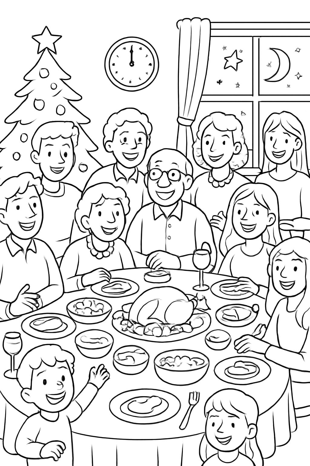 A family of 11 people, dining at the table on New Year's Eve, a 4-year-old boy, two girls aged 14 and 18, and the rest, a grandfather, a grandmother, and four boys and two girls.
