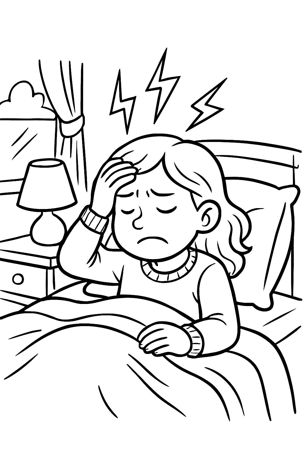 a girl sleeping in a bed with a sweater with a worried face due to a headache
