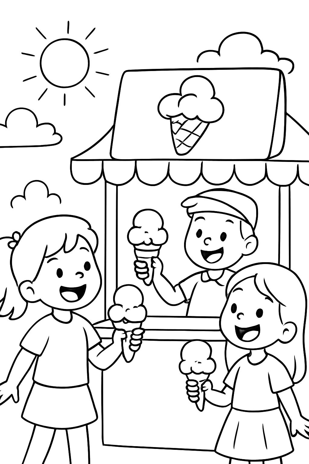 Boys and girls buying ice cream.