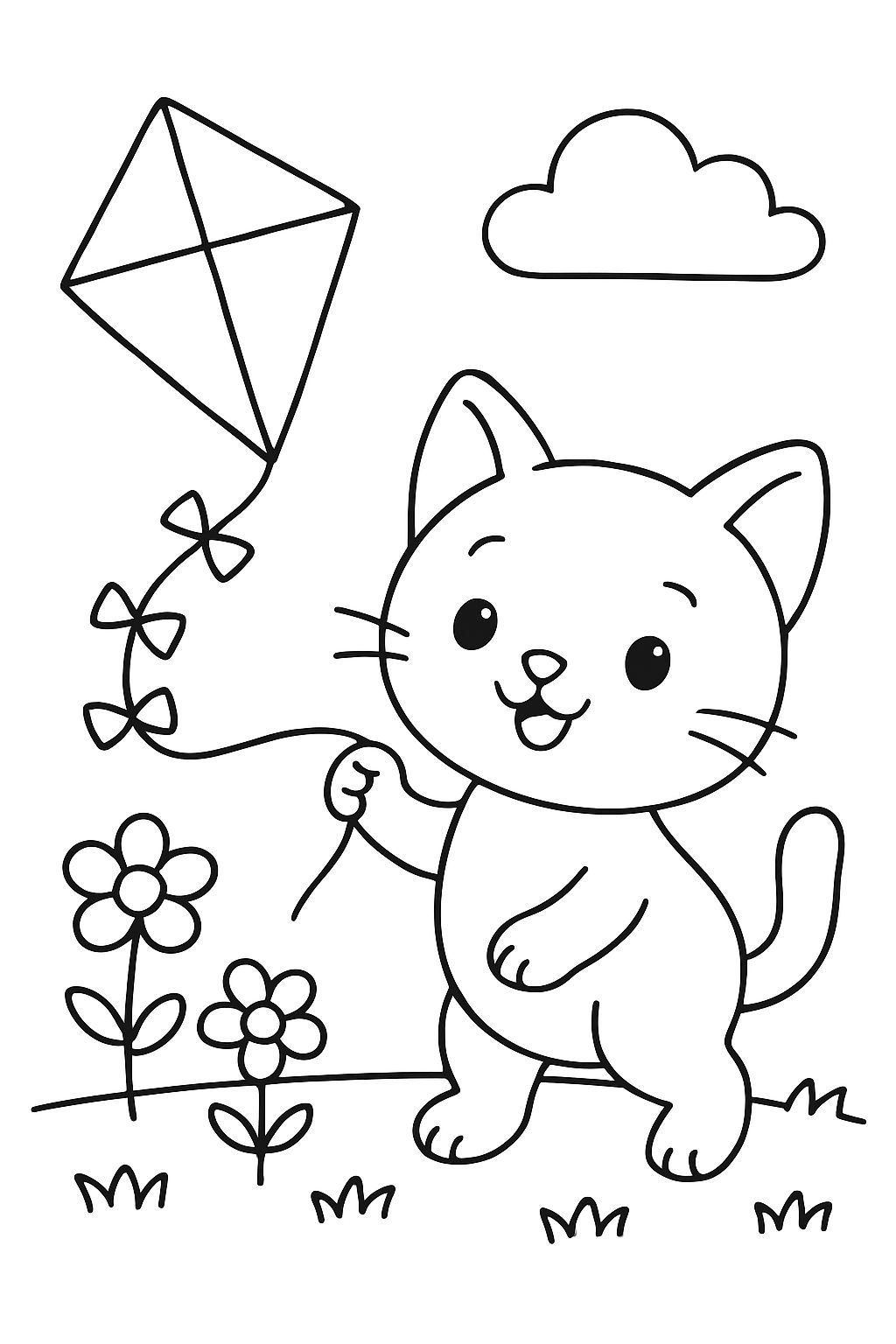 a baby cat is flying a kite in the wind on a meadow with flowers