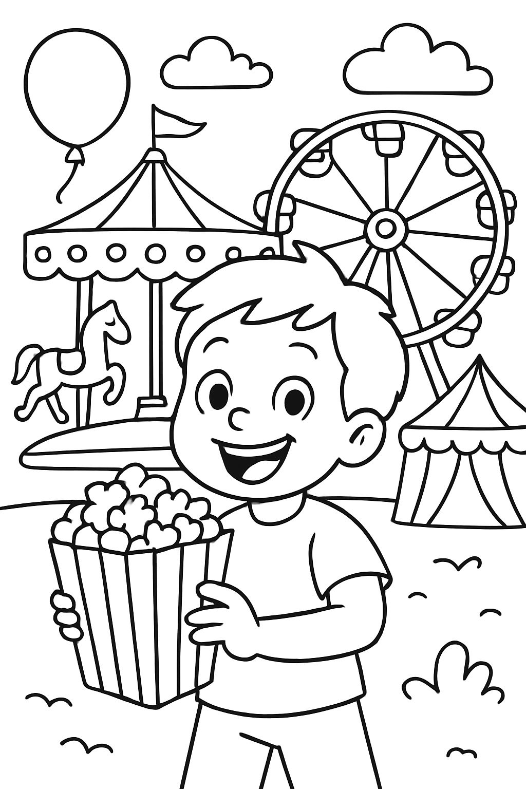Niño en un carnaval sosteniendo palomitas.