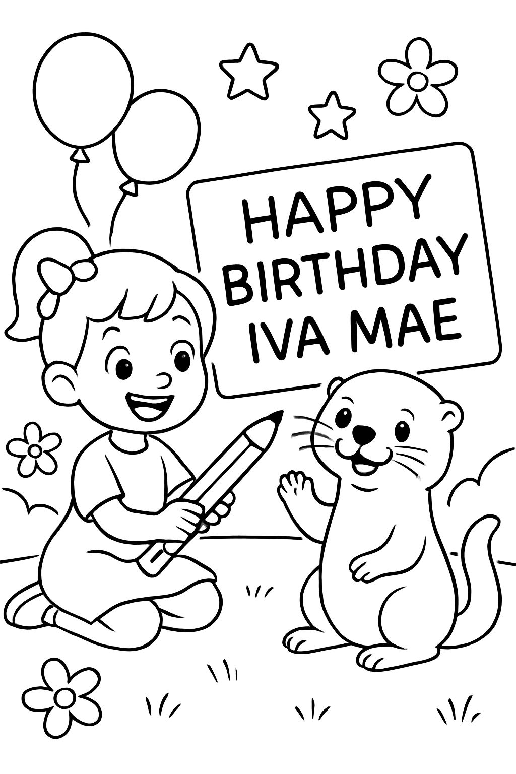 Écrire : Joyeux anniversaire Iva Mae avec une petite fille et une loutre.