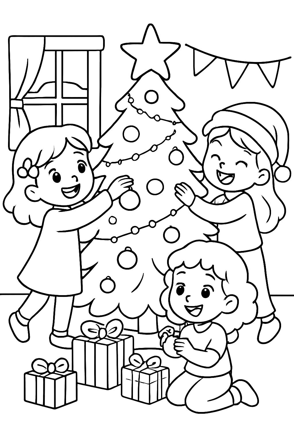 meninas decorando a árvore de Natal