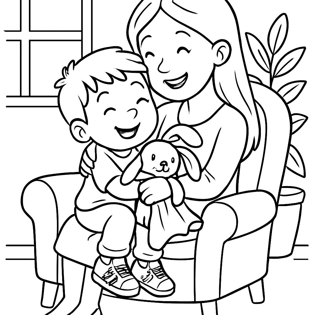 6 year old boy cuddles with his mom. He is sitting on her lap, wearing Adidas shoes and holding a cuddle cloth bunny. The mom has long hair and is wearing a dress. They are sitting on an armchair. 6 year old boy cuddles with his mom. He is sitting on her lap, wearing Adidas shoes and holding a cuddle cloth bunny. The mom has long hair and is wearing a dress. They are sitting on an armchair.