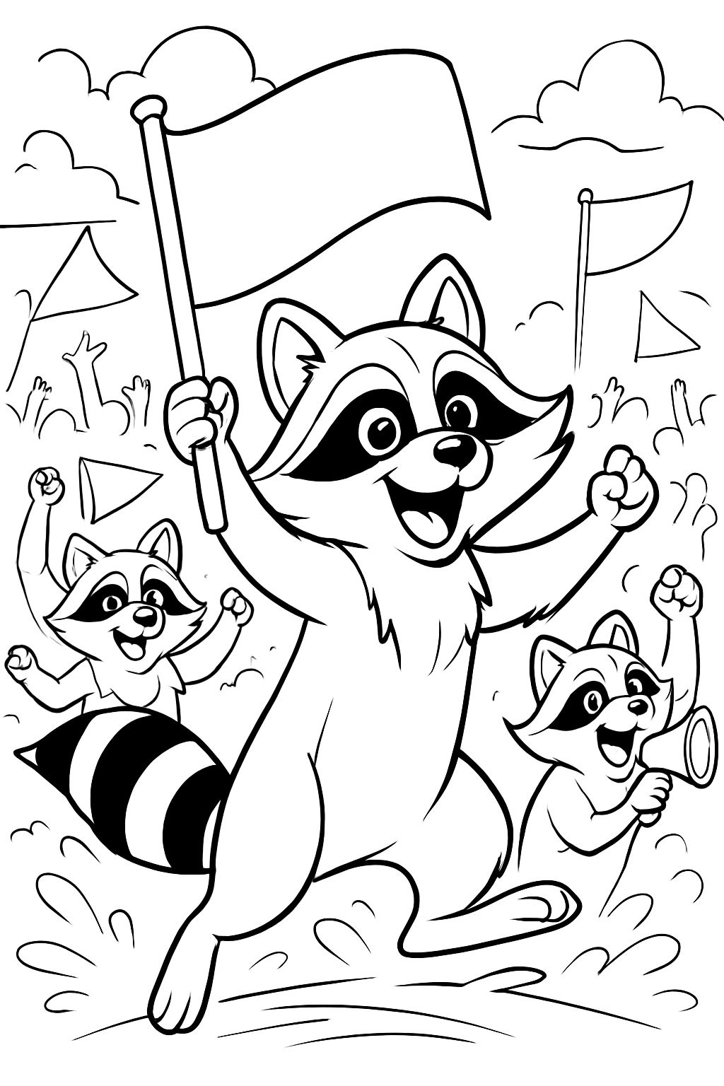 Un raton laveur qui agite des drapeaux avec d'autres ratons laveurs et qui est fan