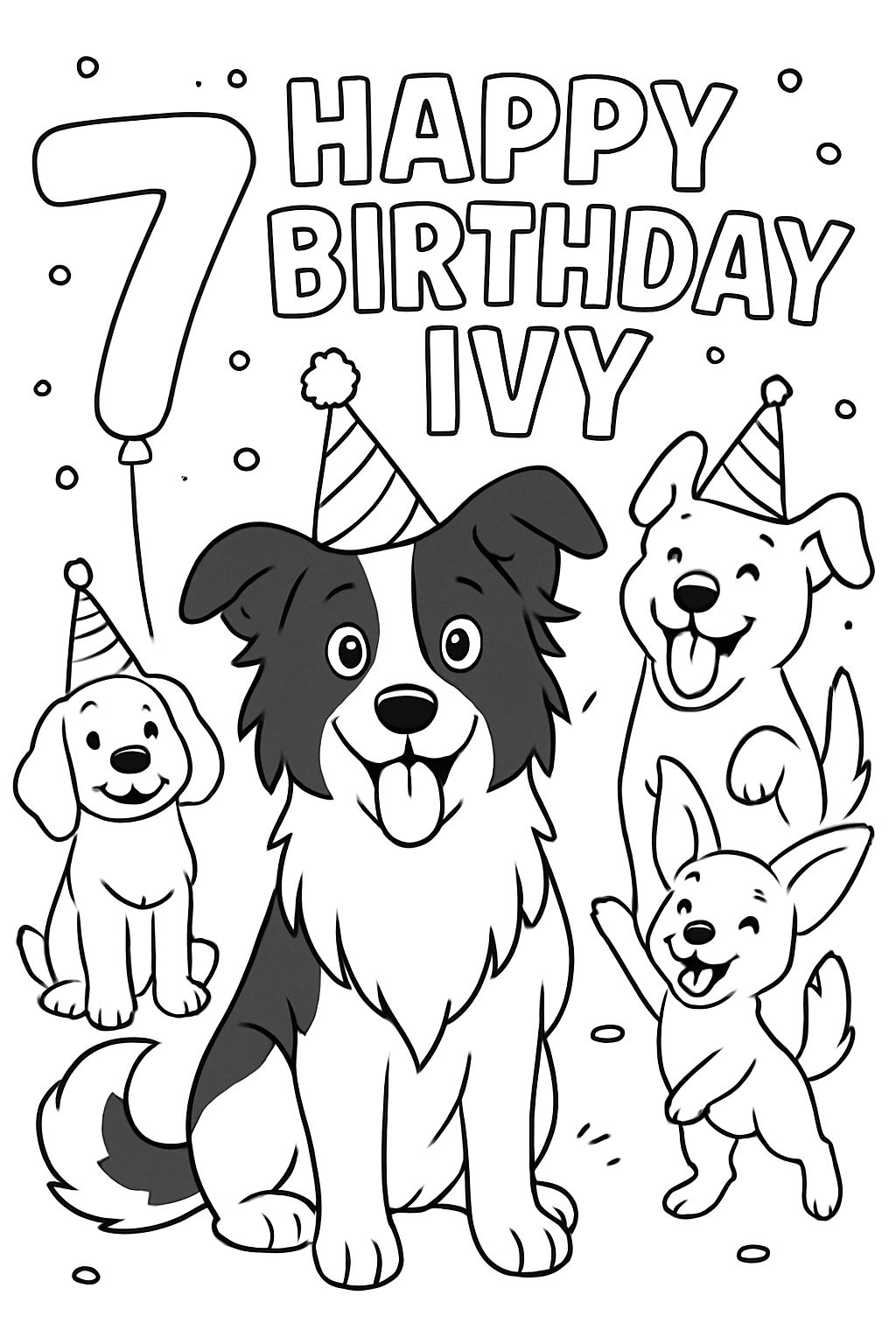 Make a coloring page of a border collie with half of its face white half black sitting with a party hat on. A number 7 balloon behind the dog and words in the air that say “Happy Birthday Ivy” can you also include other dog friends with party hats on.