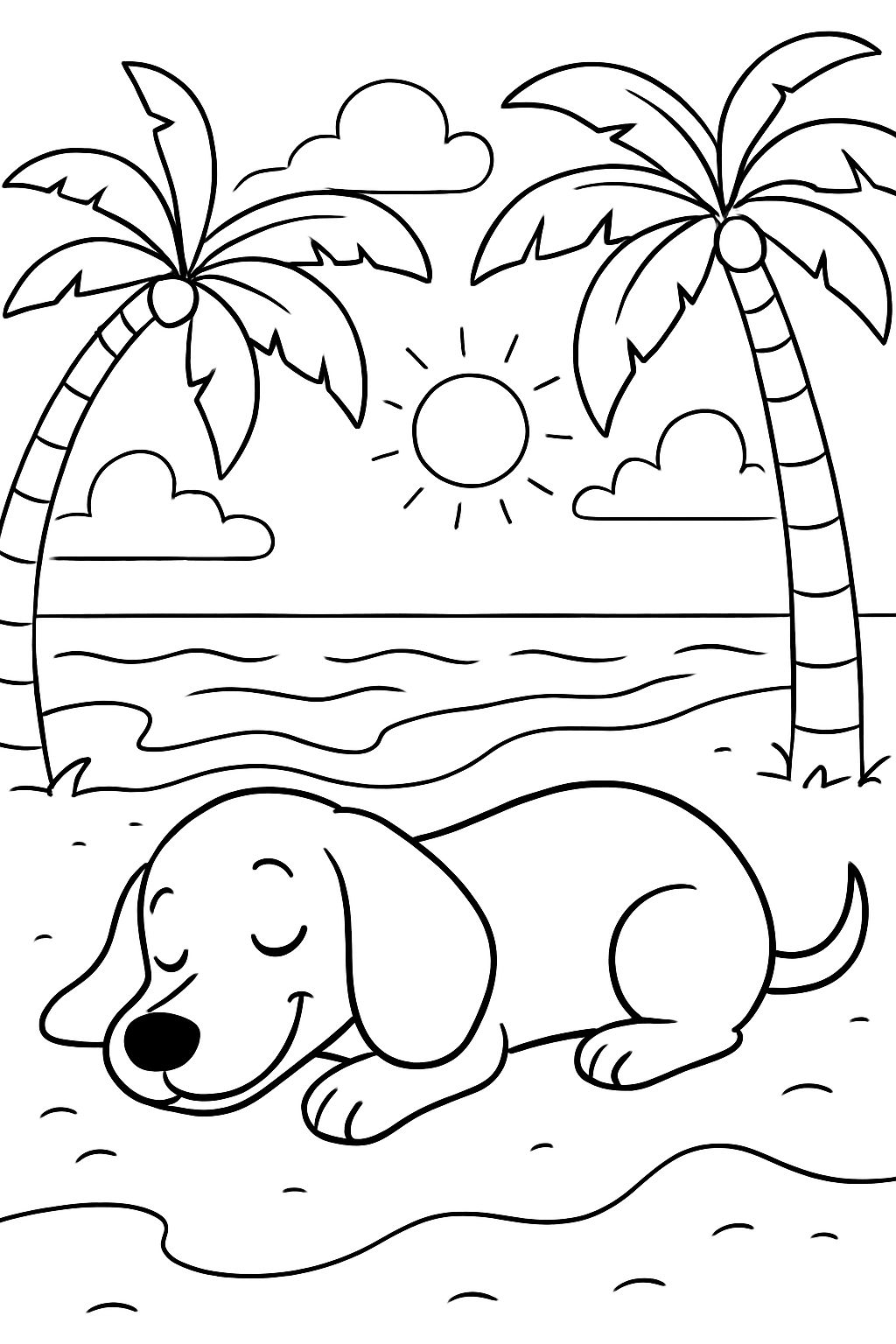 Ein Dackel schläft am Strand unter Palmen.