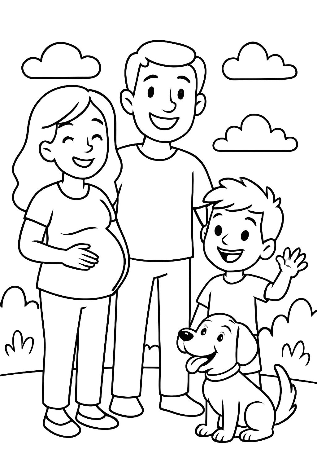 Imagem de bonecos finos: mãe grávida, pai, filho de 6 anos e cachorro Cimarron. Imagem de bonecos finos: mãe grávida, pai, filho de 6 anos e cachorro Cimarron.