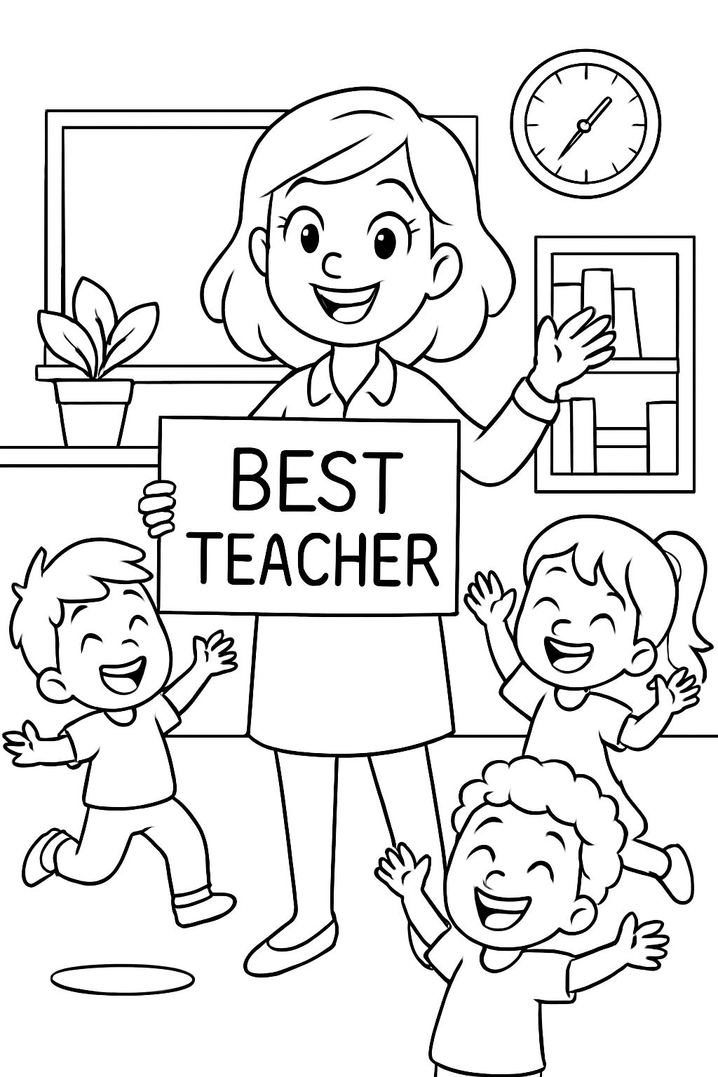 a young fun teacher with her students with a sign that says best teacher