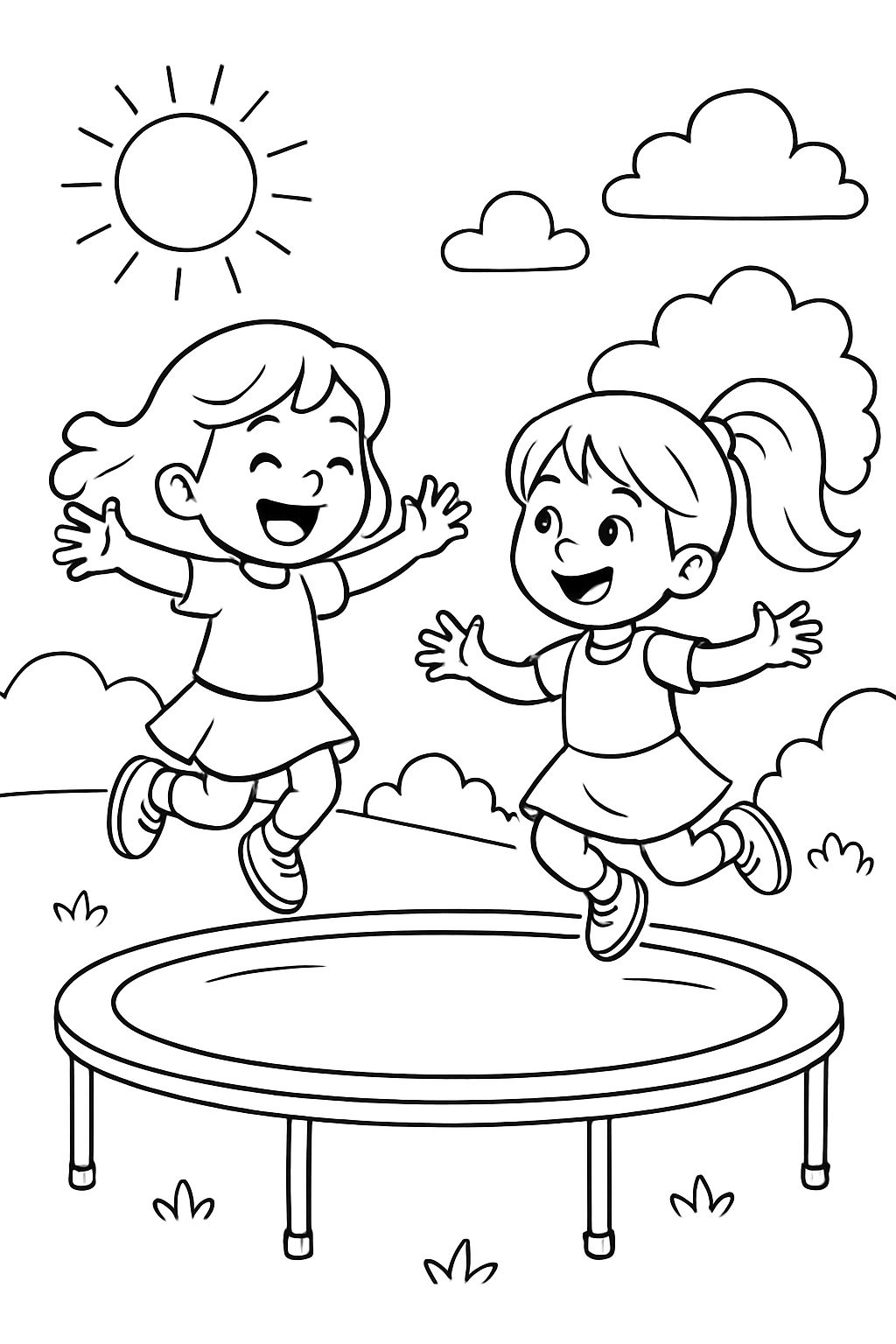 Two girls jumping on a trampoline