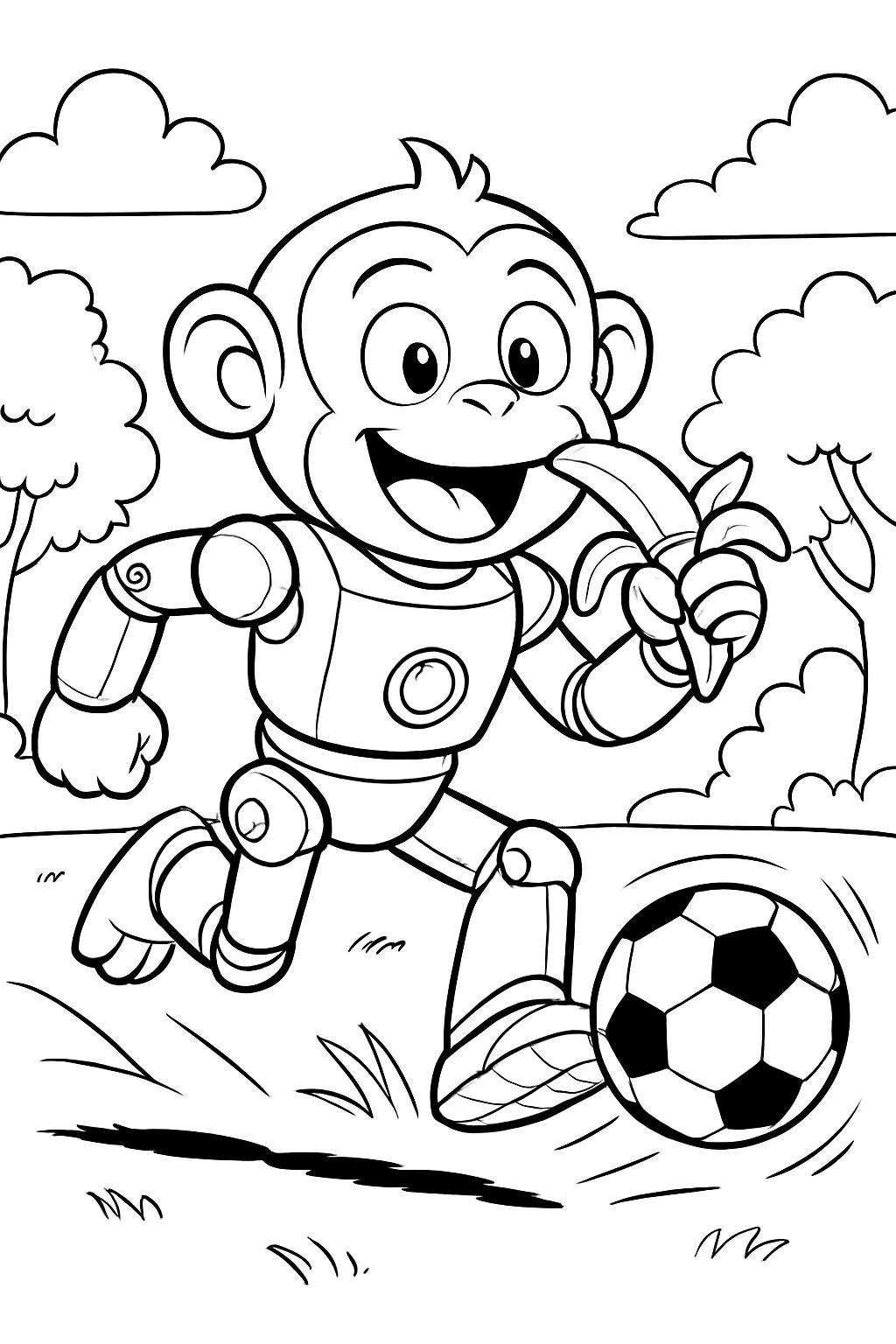 un robot singe qui joue au football et mange des bananes