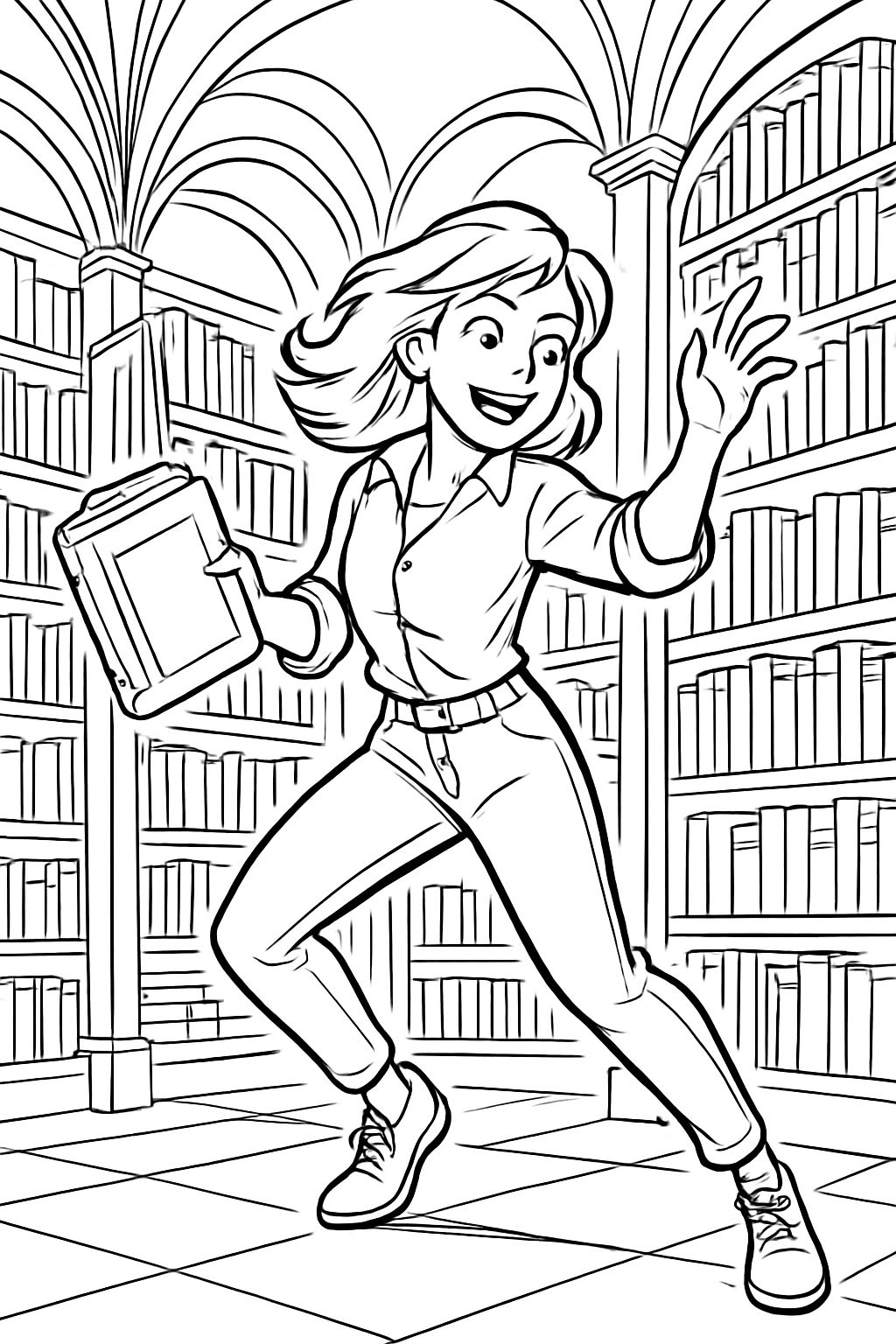 a large library with a woman