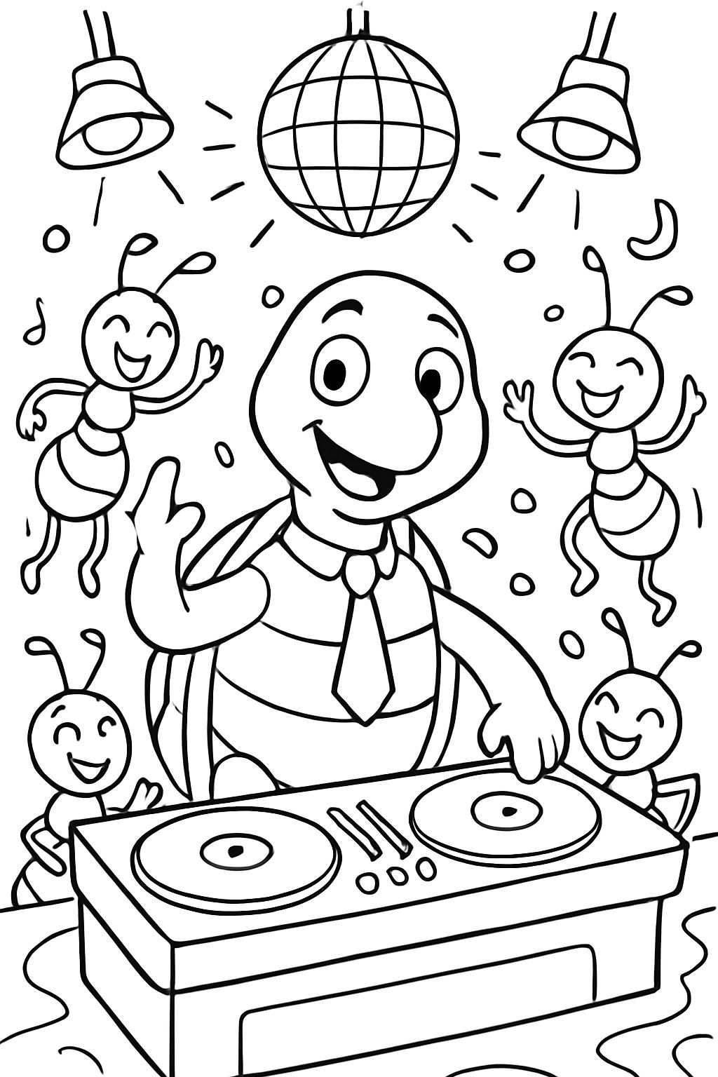 Eine Schildkröte mit einer Krawatte, die DJ in einem Club voller tanzender Ameisen spielt.