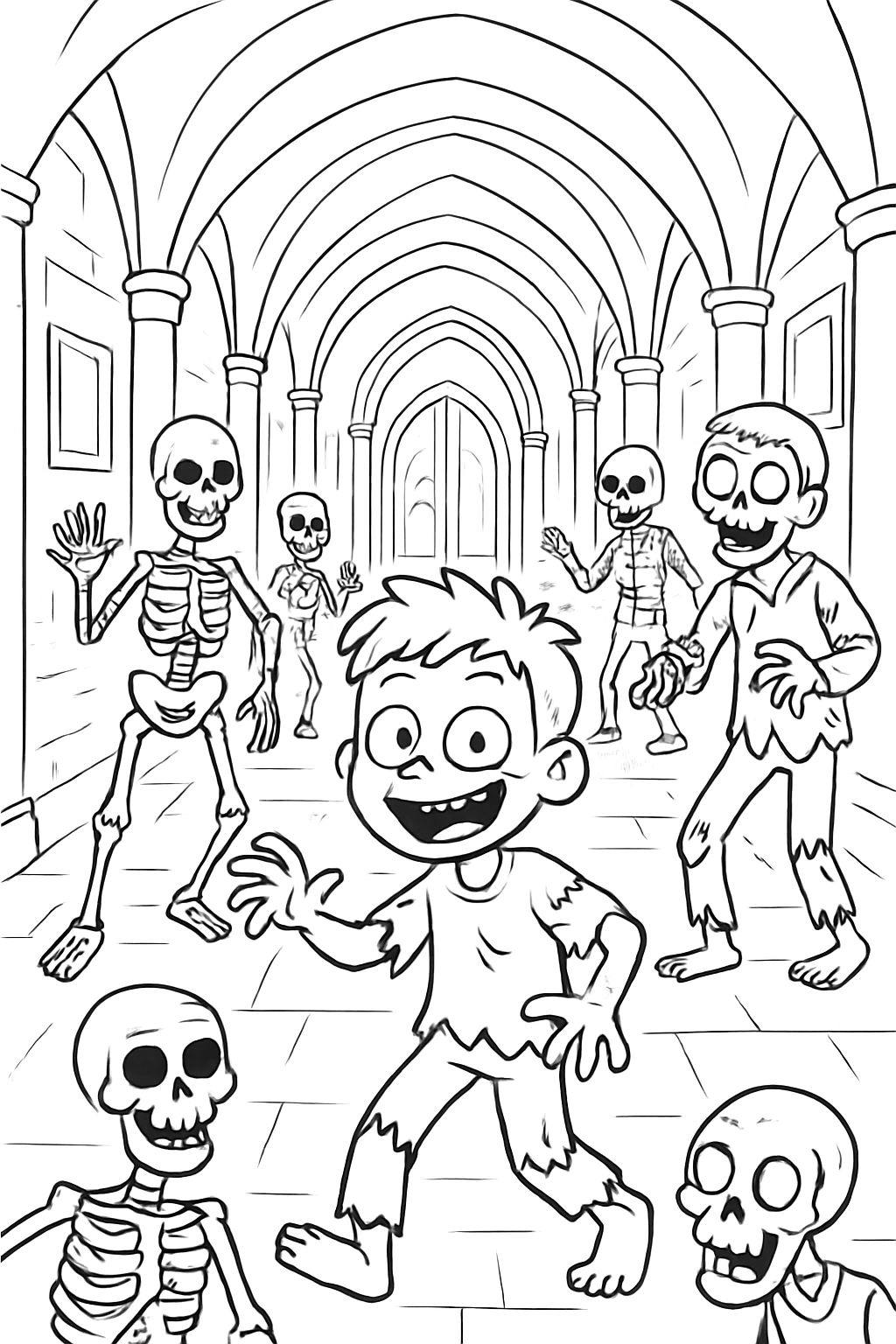 un long couloir dans un château avec de nombreux squelettes et zombies