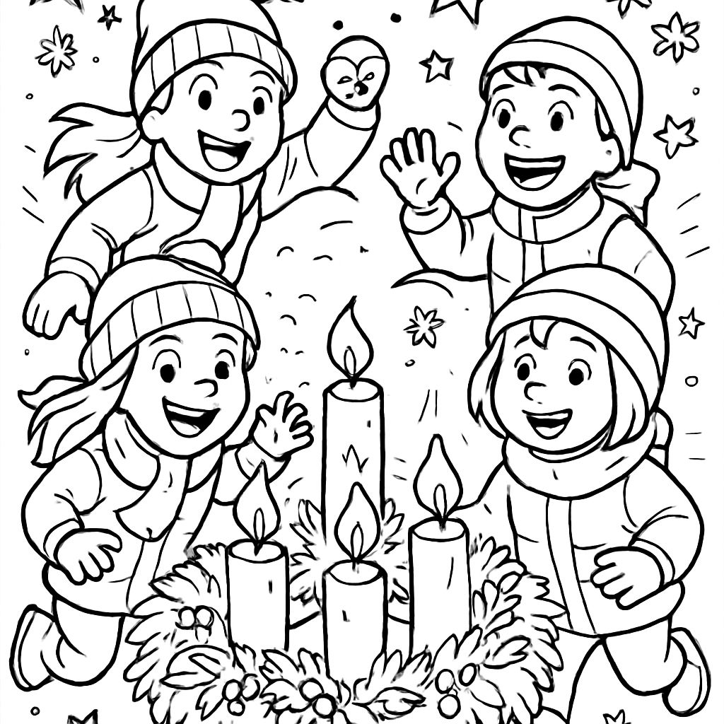 Advent wreath 4 candles 4 children in winter clothing background stars and snowflakes Advent wreath 4 candles 4 children in winter clothing background stars and snowflakes
