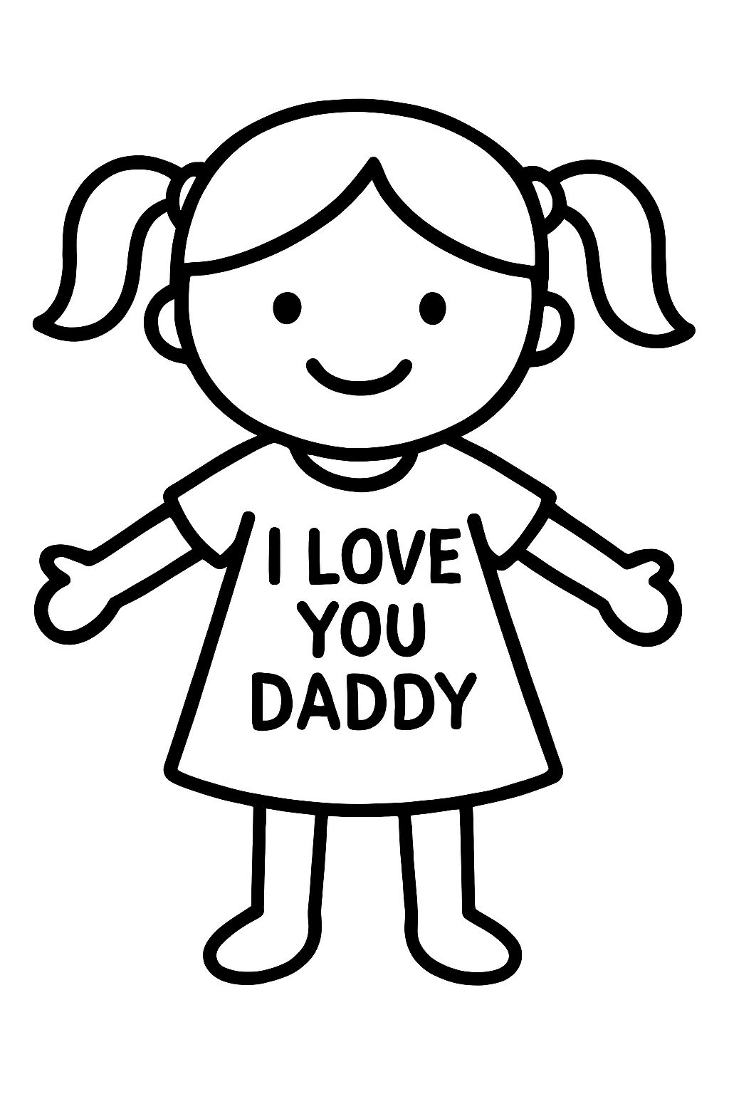 A little girl with pigtails in a dress that says I love you daddy.