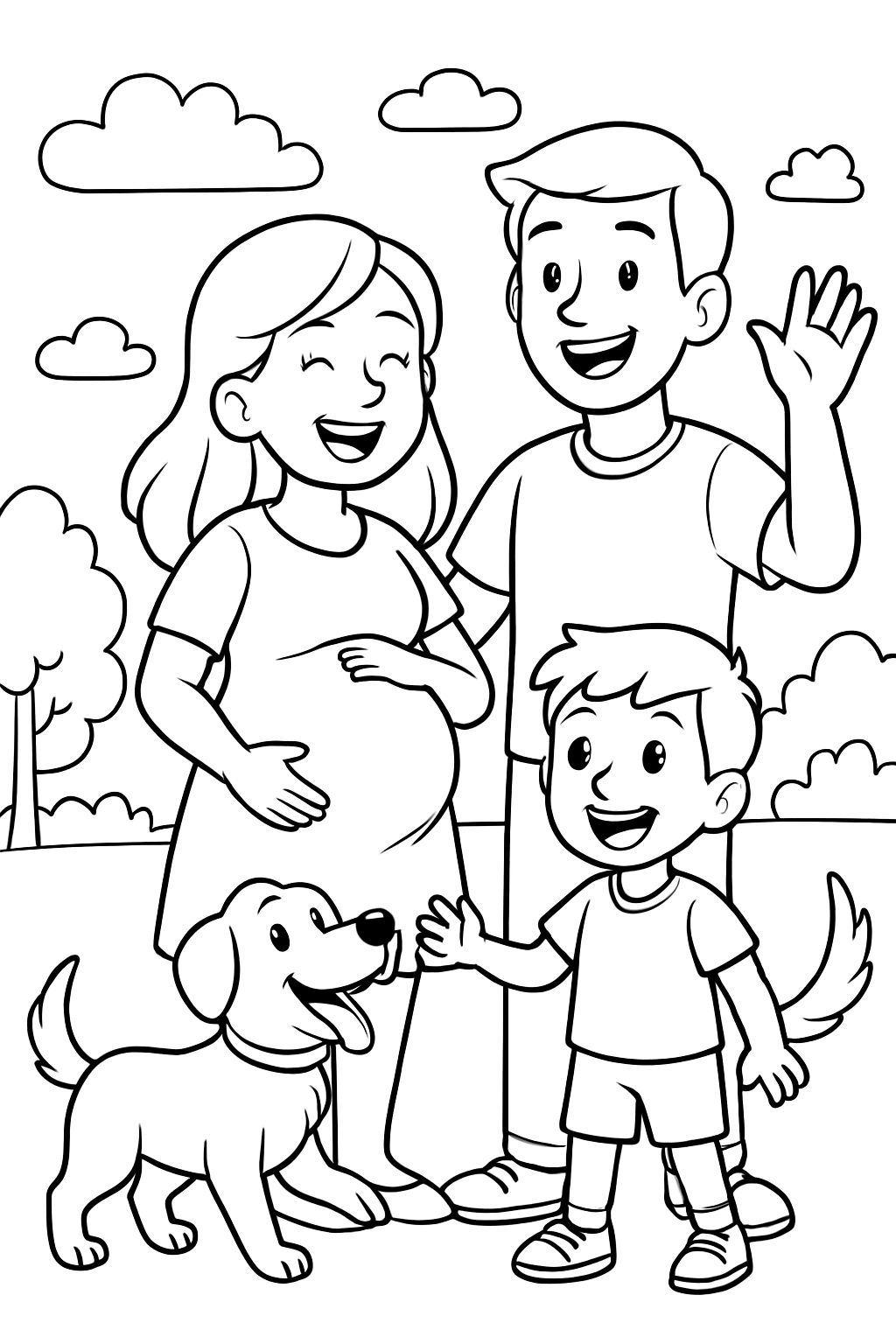 Mamãe grávida, papai, filho de 6 anos e cachorro Cimarron Mamãe grávida, papai, filho de 6 anos e cachorro Cimarron