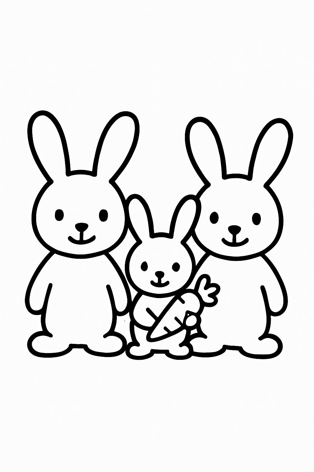 3 rabbits, side by side, landscape format, mom, dad, and child, child has a carrot in hand
