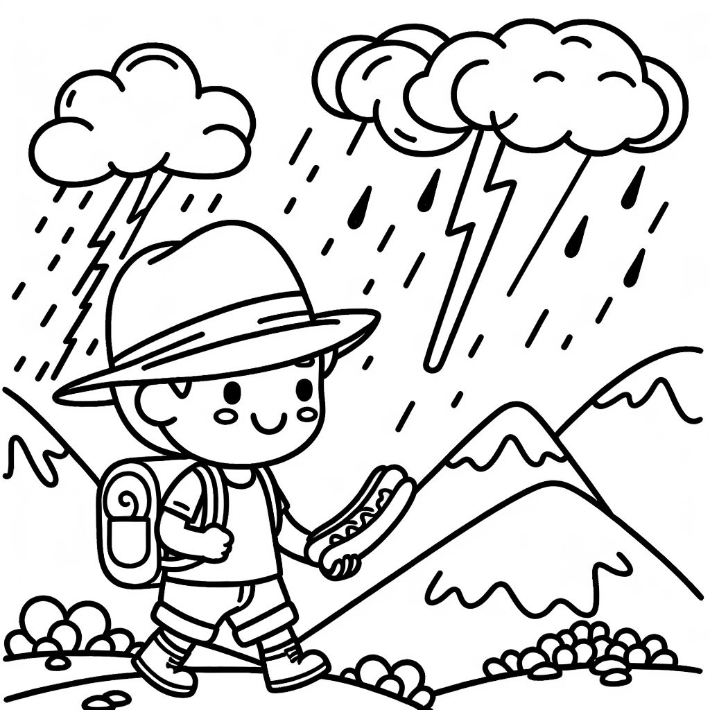 Child president hikes over mountains with a straw hat and hotdog during a thunderstorm Child president hikes over mountains with a straw hat and hotdog during a thunderstorm