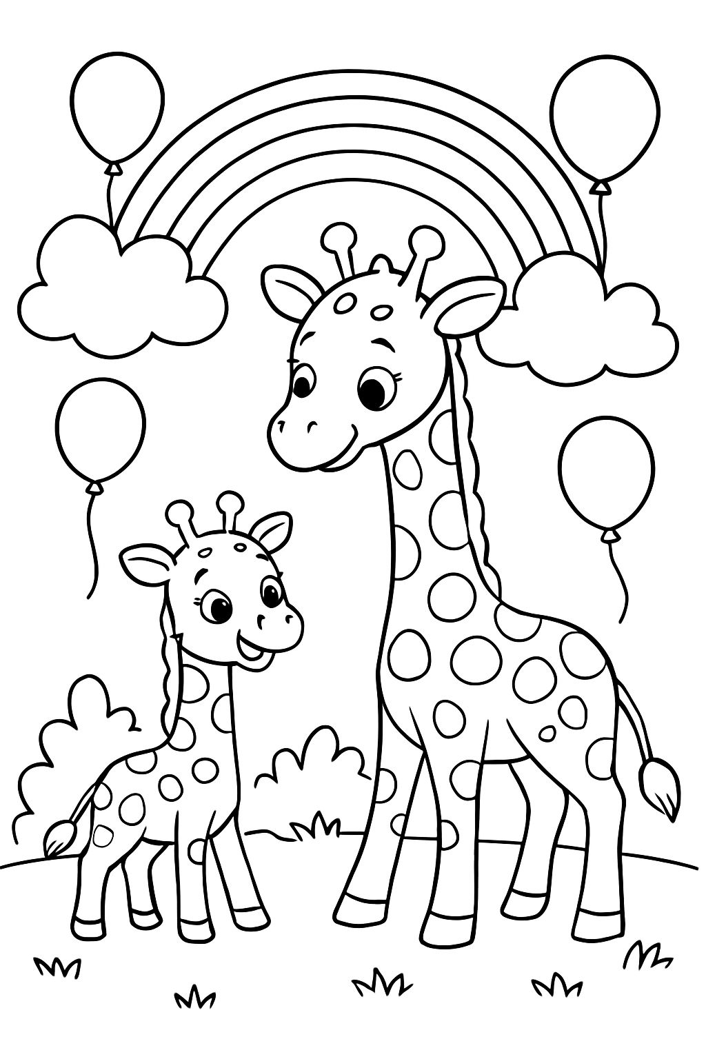 Filhote de girafa com mamãe ao lado de arbustos sob um arco-íris e nuvens e balões