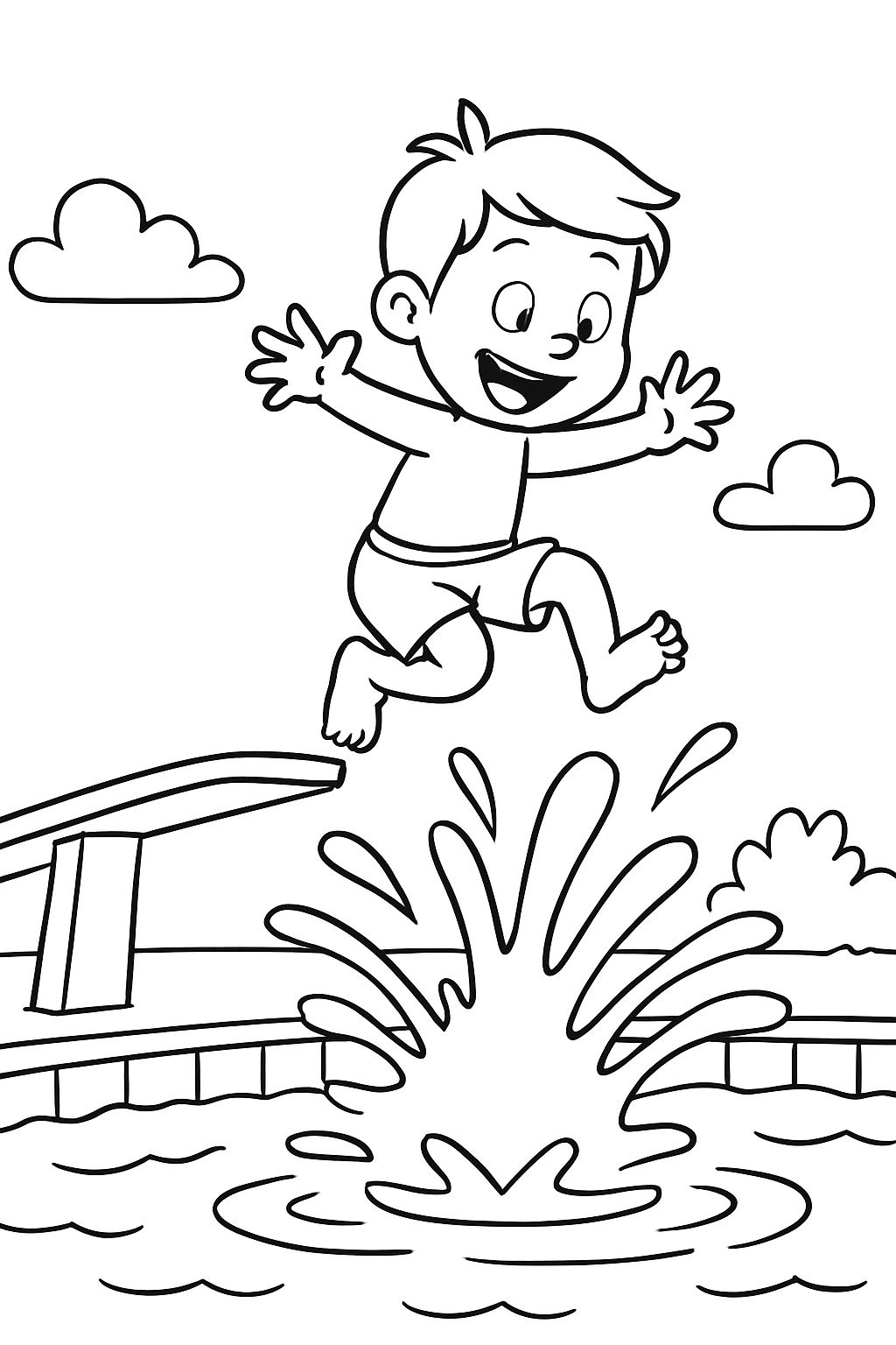 A little boy jumping into the water at the pool with a big splash from a long diving board A little boy jumping into the water at the pool with a big splash from a long diving board