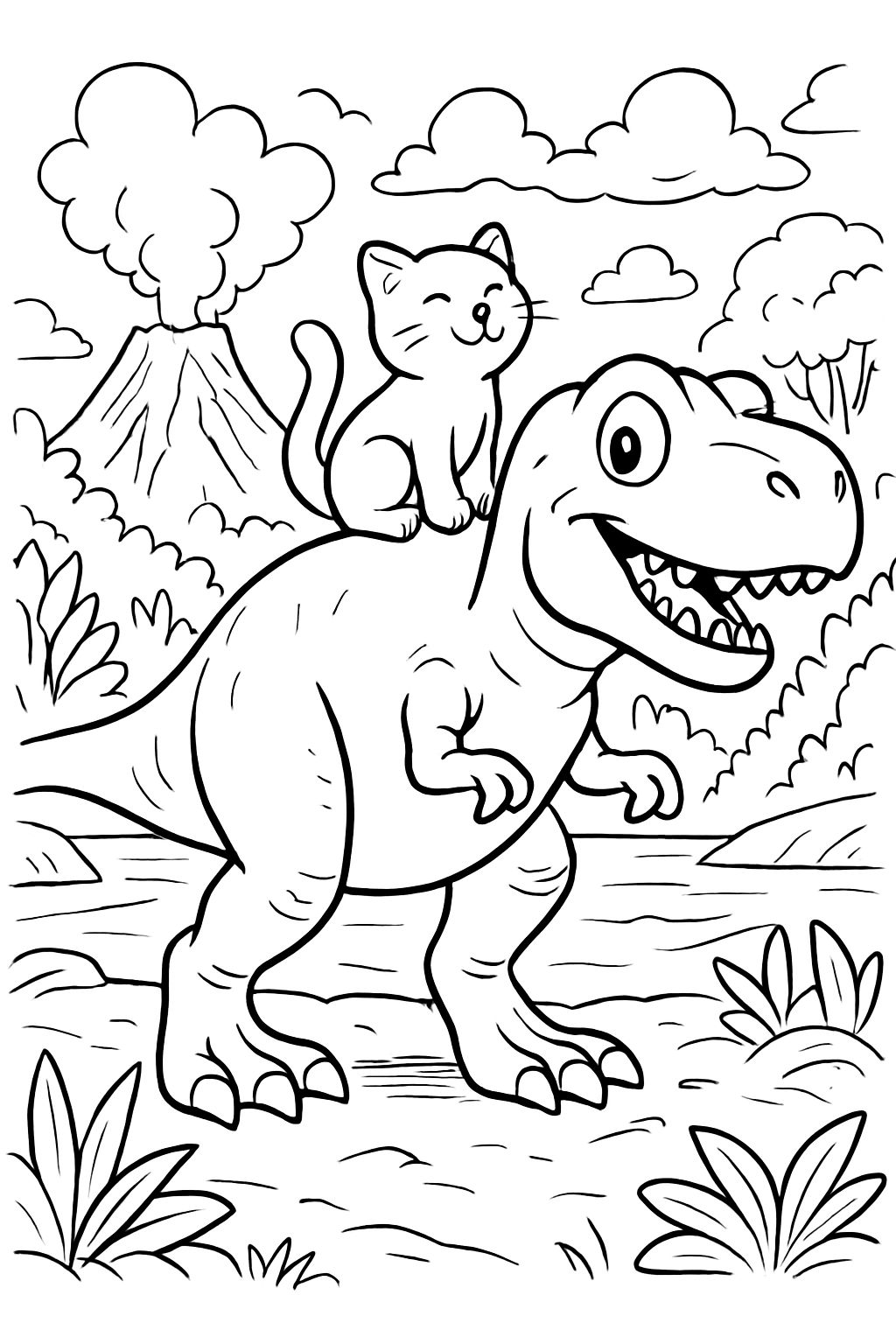Quero um dinossauro com um gato em uma floresta em um vulcão com uma paisagem aquática muito fofa.