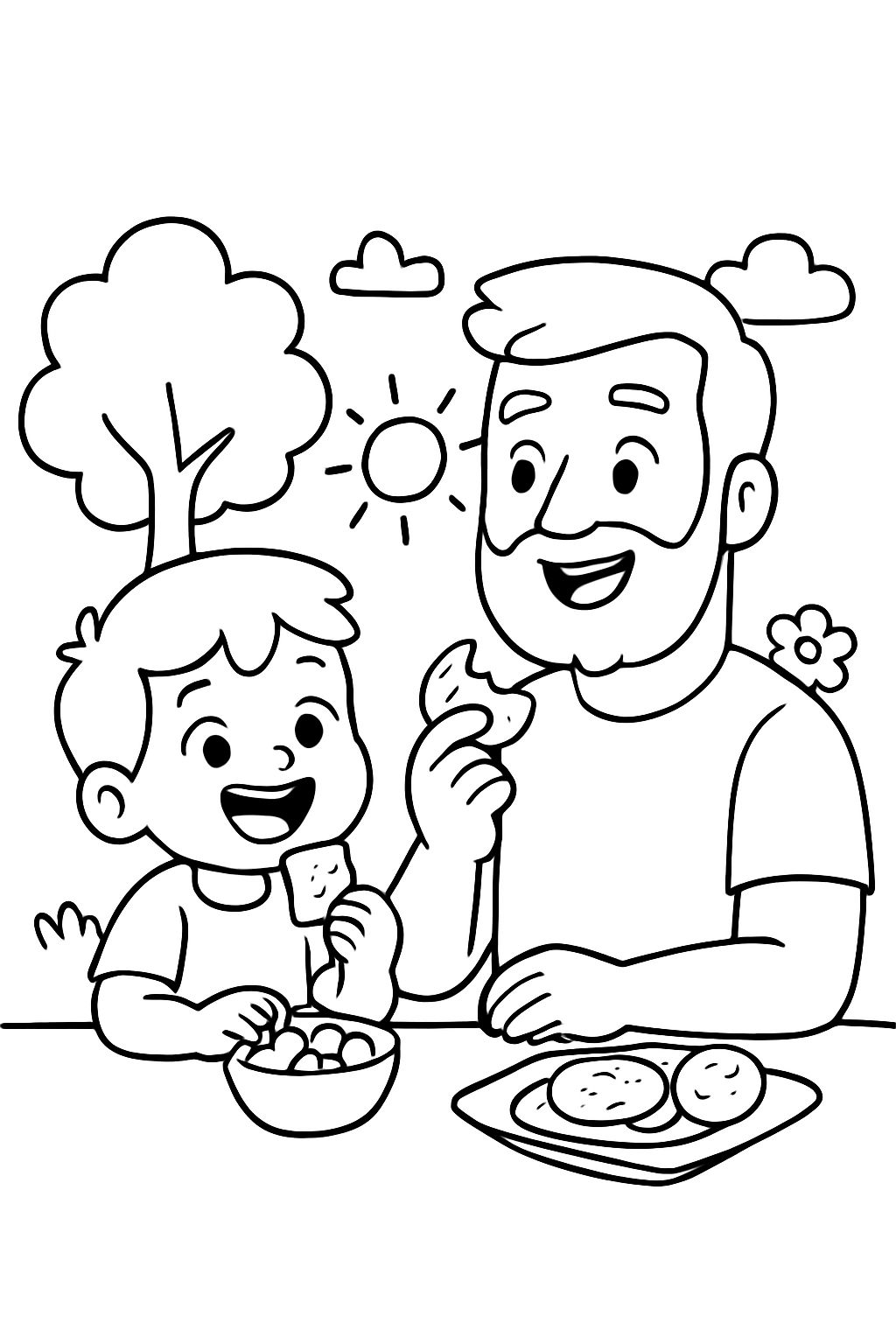 3 year old eating snacks with his 37 year old bearded father