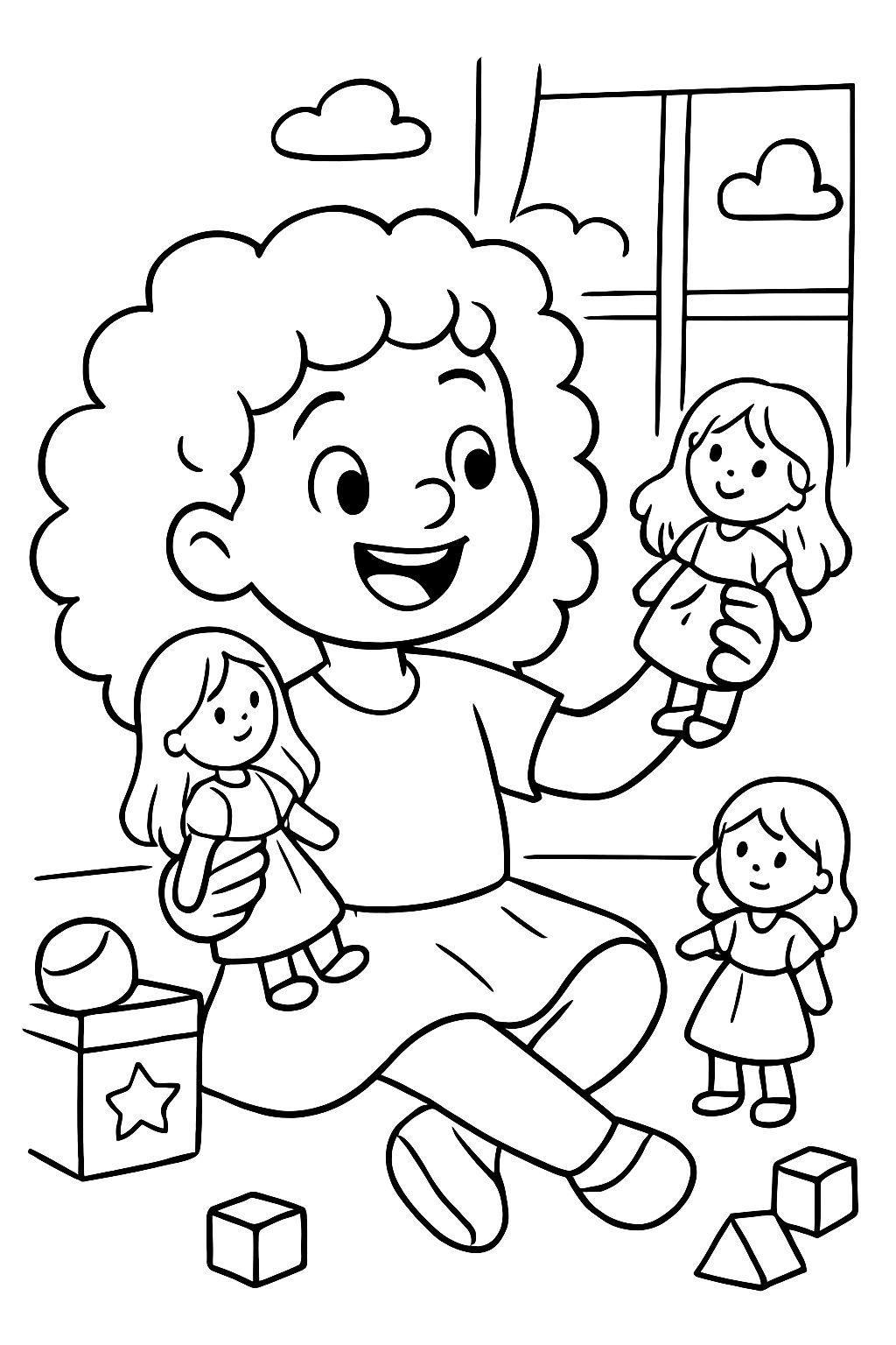 Niña con cabello rizado jugando con muñecas