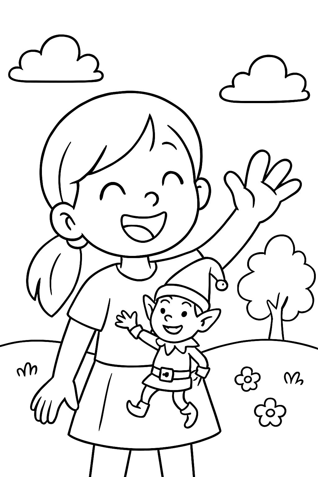 Fille avec un elfe sur l'épaule disant au revoir.