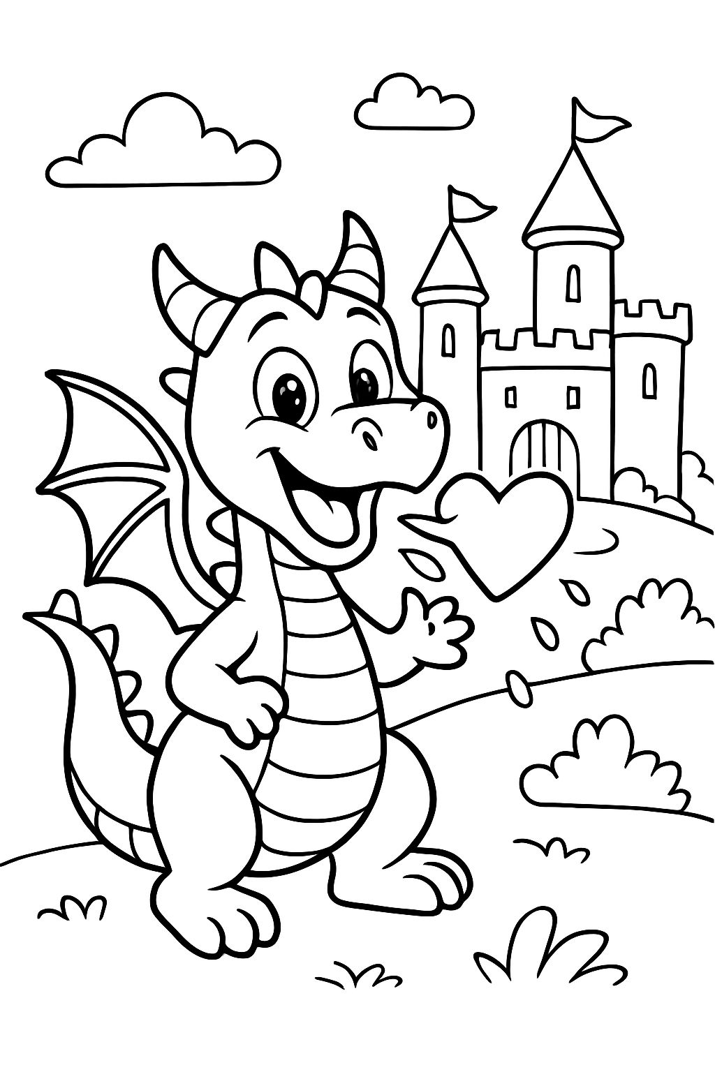 a friendly dragon breathing a heart of fire in front of a castle a friendly dragon breathing a heart of fire in front of a castle