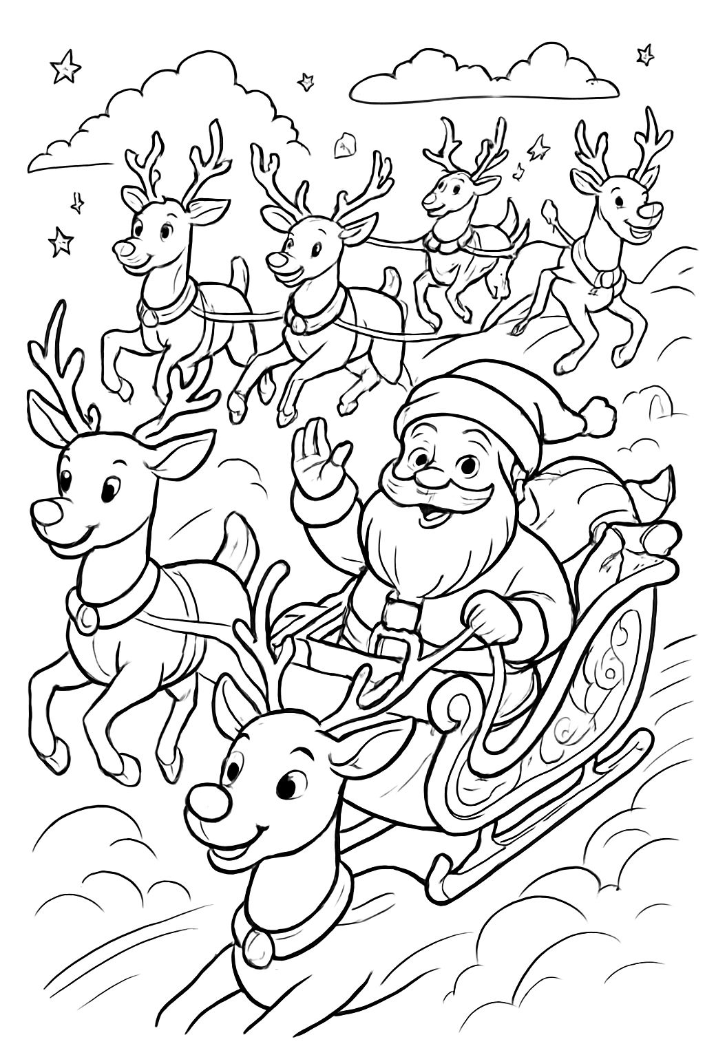 Le Père Noël dans un traîneau avec Rudolph et tous les autres rennes