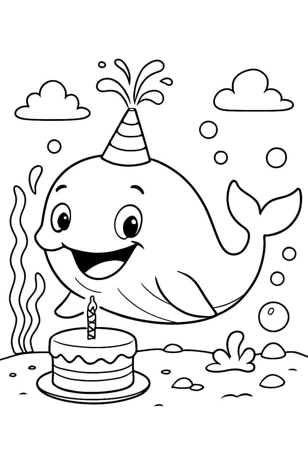 baleia real com chapéu de aniversário e bolo