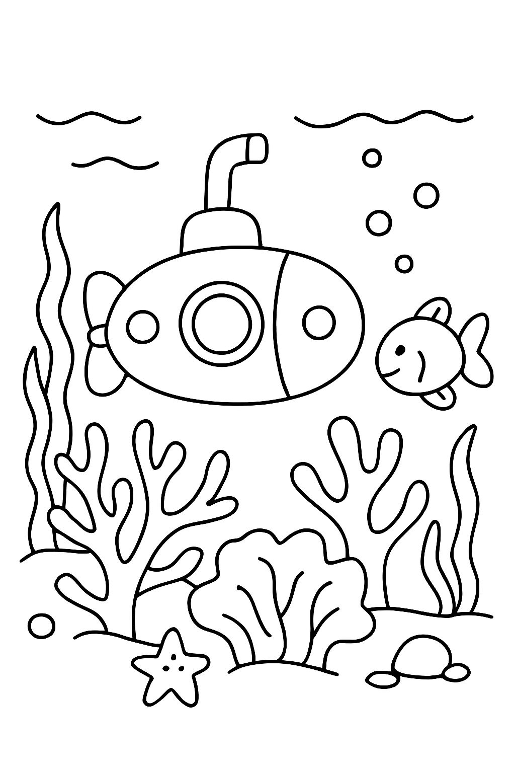 An underwater world with corals, submarine, and sea creatures An underwater world with corals, submarine, and sea creatures