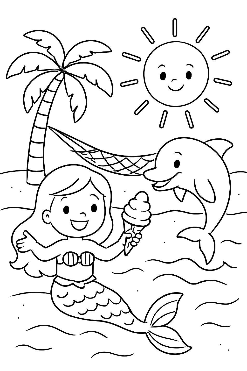 playa, sol plamera, helado, hamaca, sirena, delfin