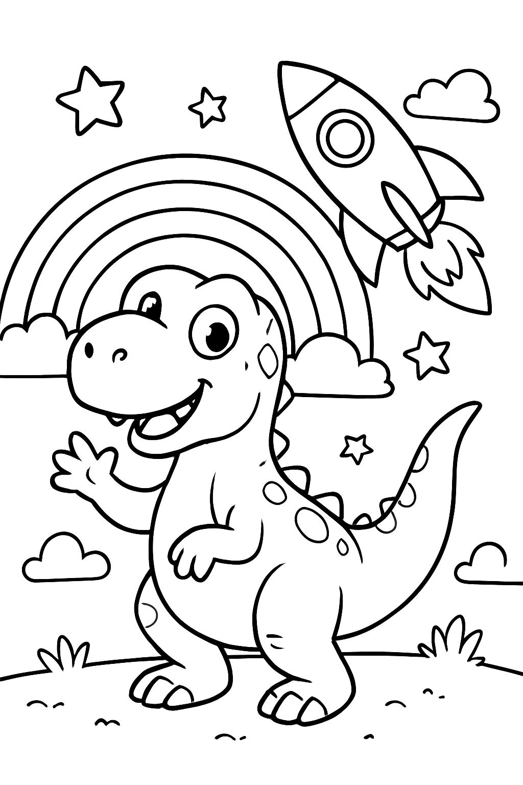 un dinosaure avec arc-en-ciel et fusée
