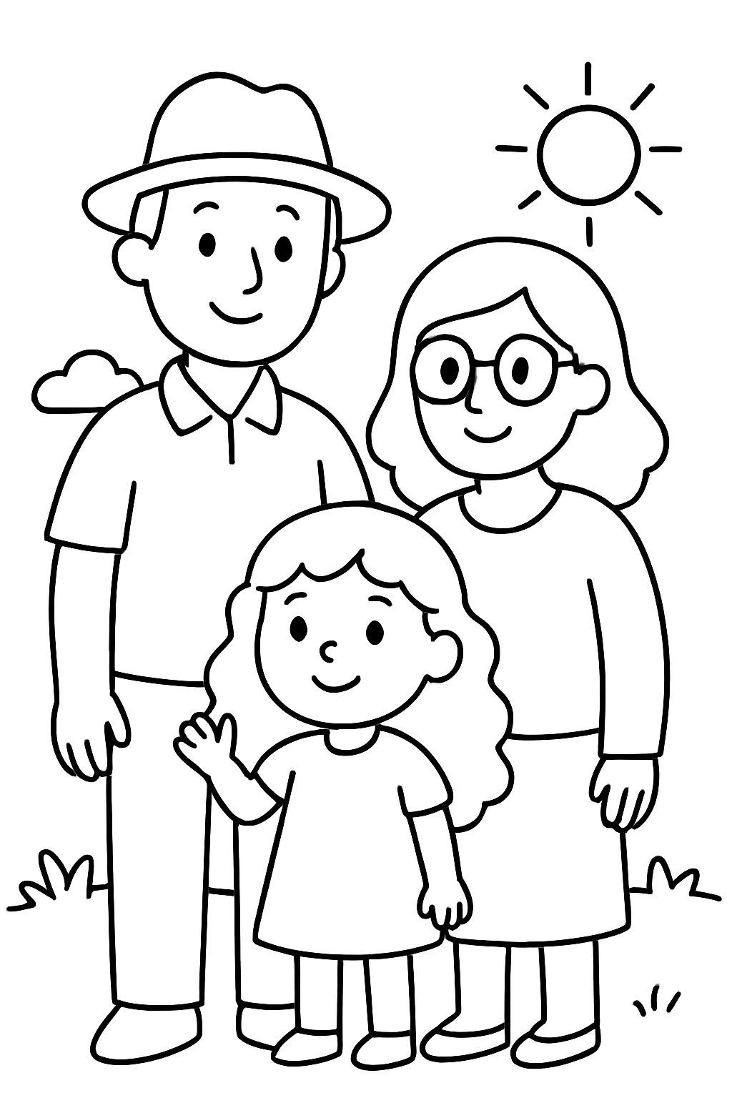 A little girl with long curly hair, a father with a hat and a mother with glasses.