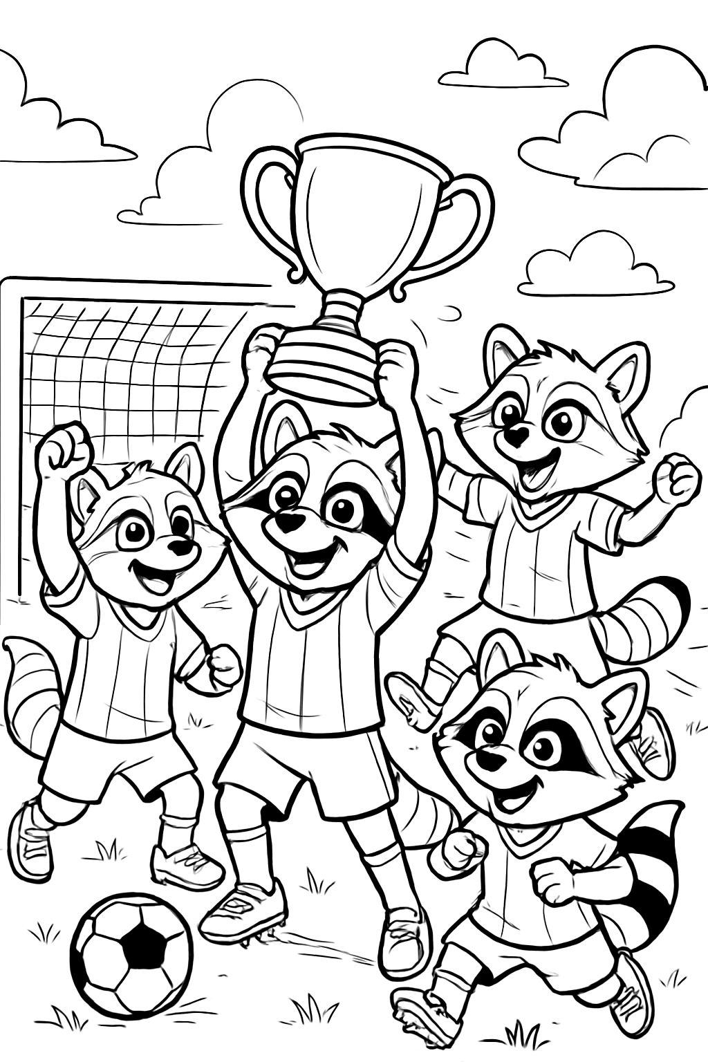 une équipe de football composée de ratons laveurs tenant un trophée