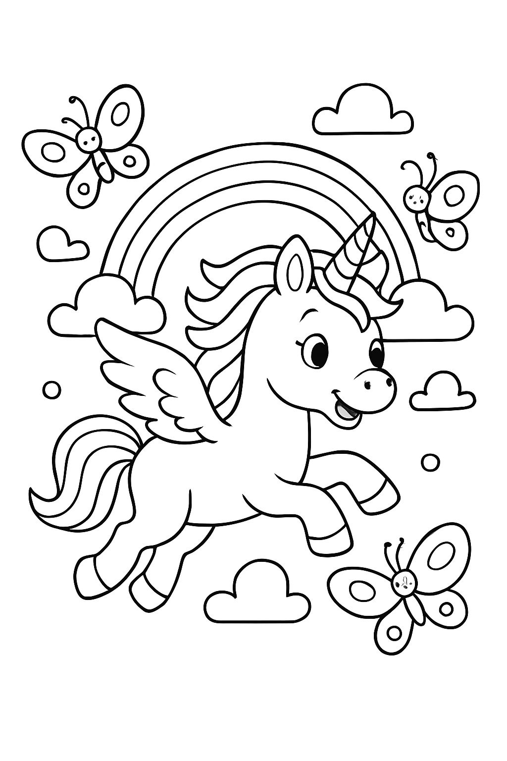unicorn flying with butterflies and rainbows