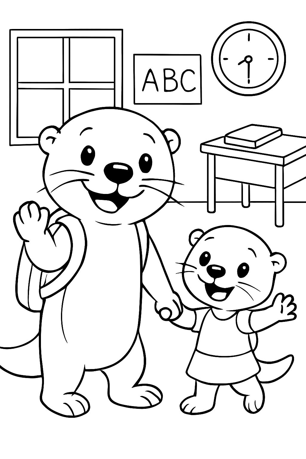 a big otter kid holding hands with a small one in school