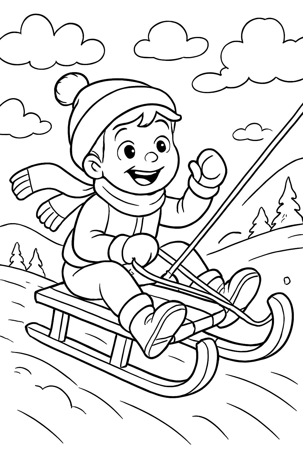 uma criança sentada em um trenó está sendo puxada para cima de uma colina uma criança sentada em um trenó está sendo puxada para cima de uma colina