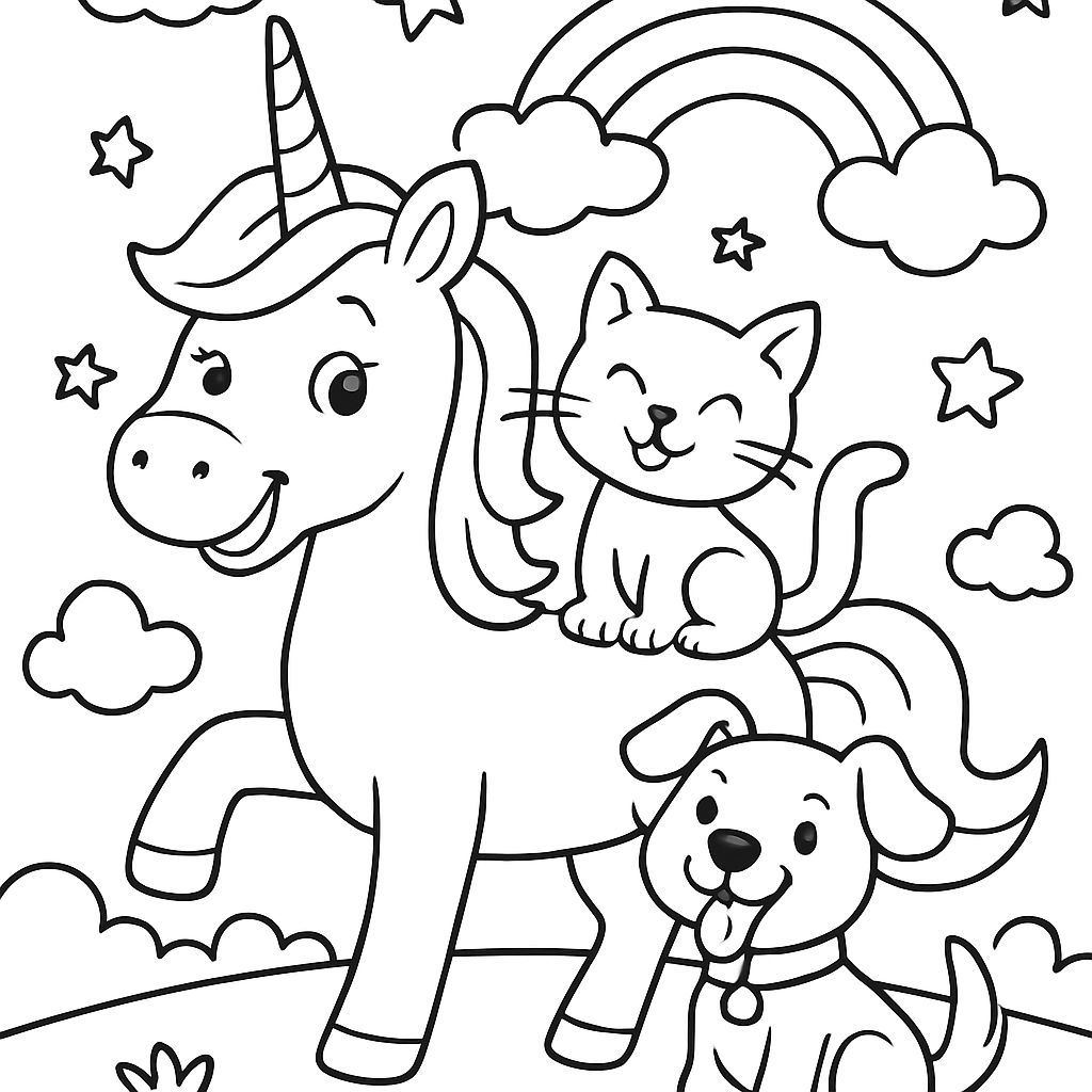 Licorne avec chat et chien