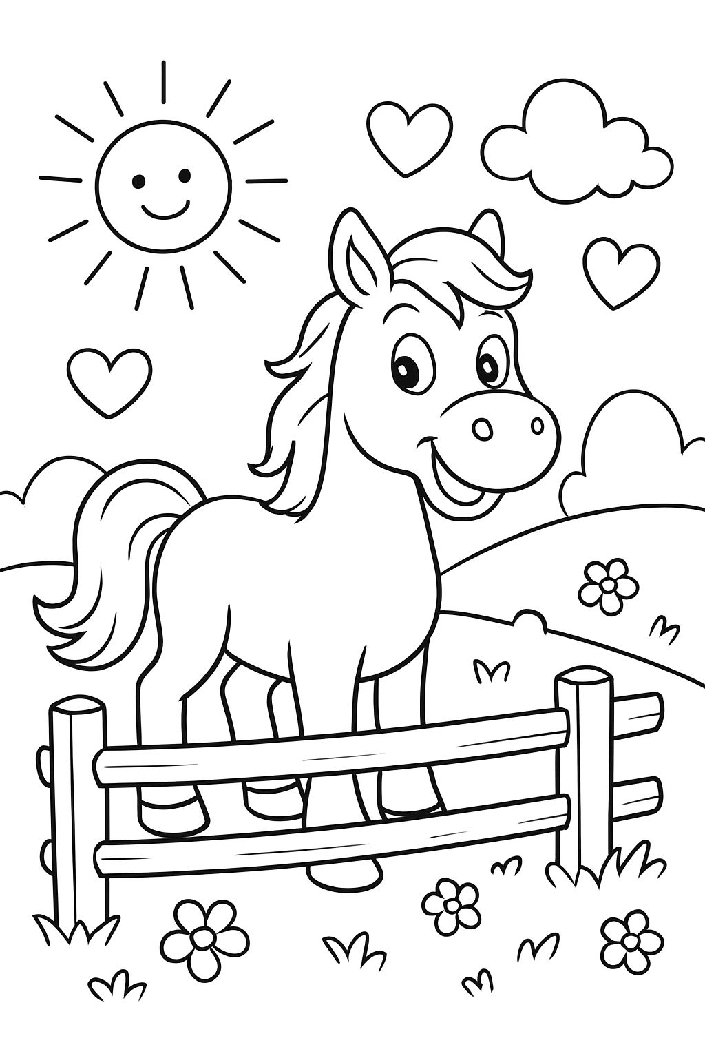 cavalo com uma cerca e um prado. flores, corações, sol