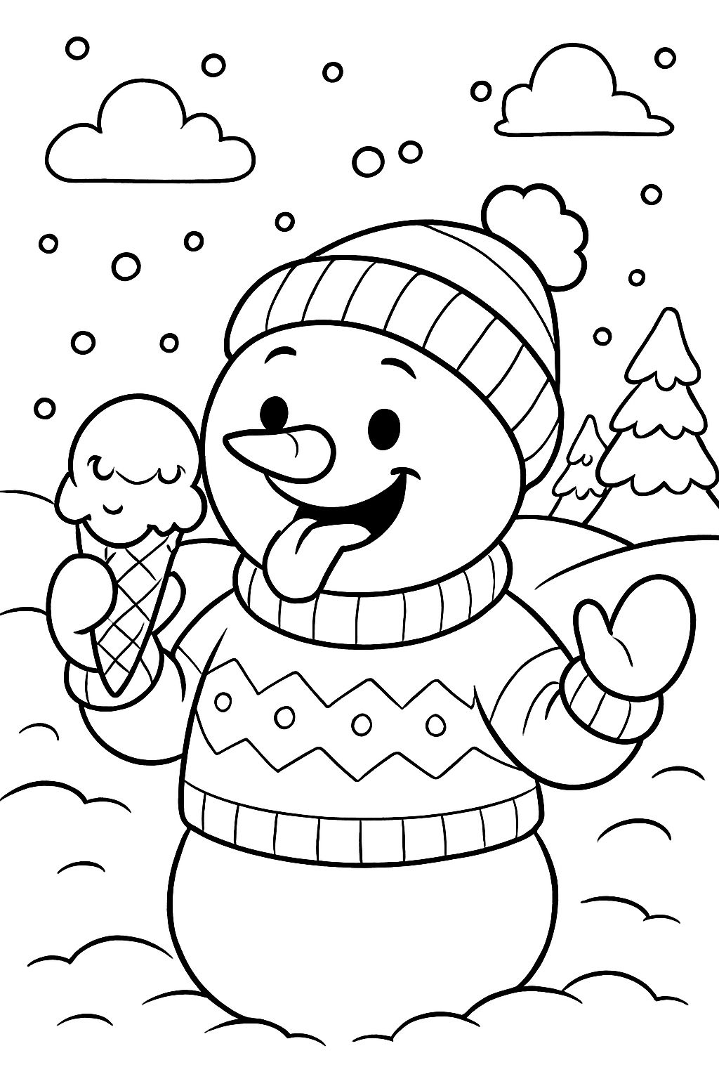 bonhomme de neige portant un pull en train de manger une glace