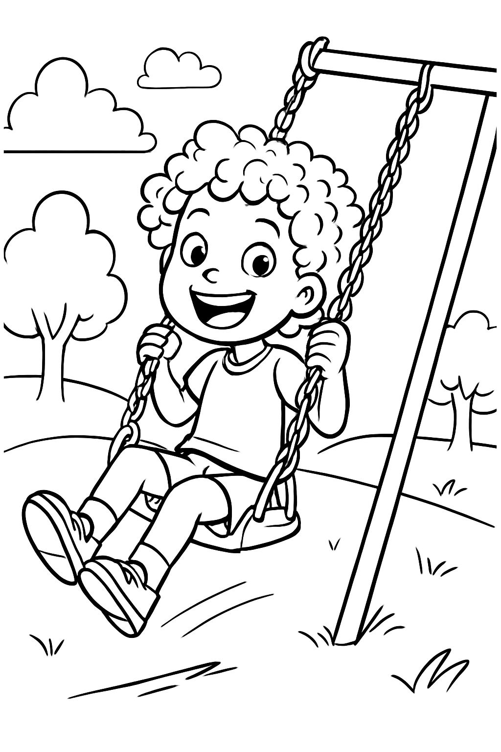 Leighton (der lockige Haare hat) spielt auf der Schaukel