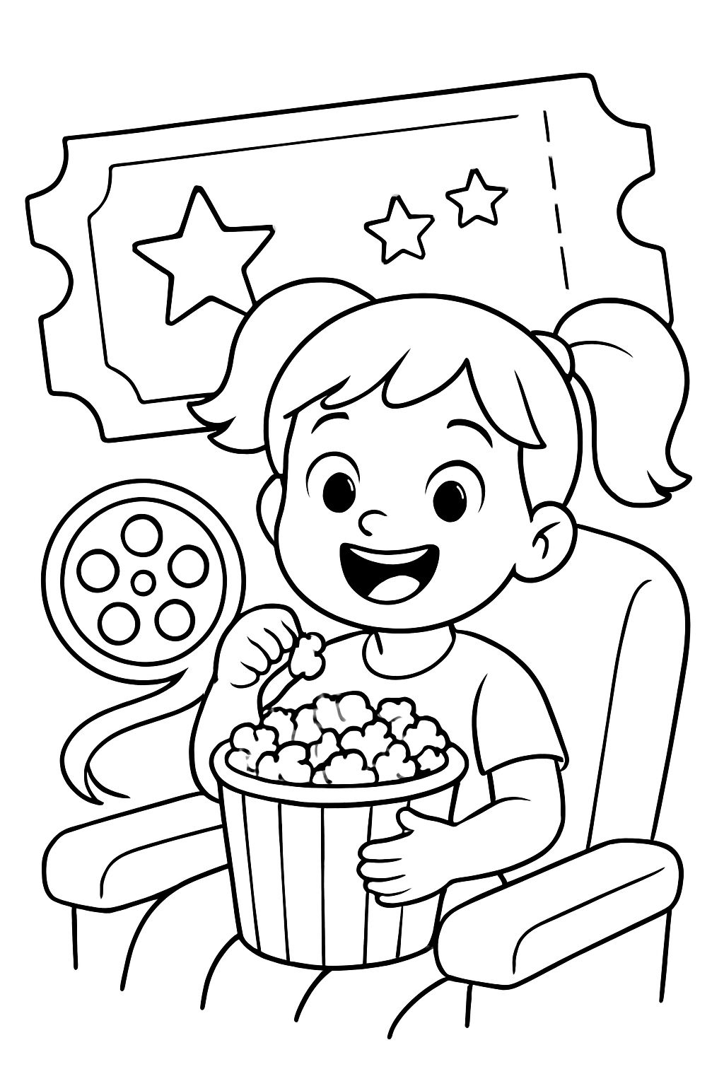 A movie ticket with a girl eating popcorn.