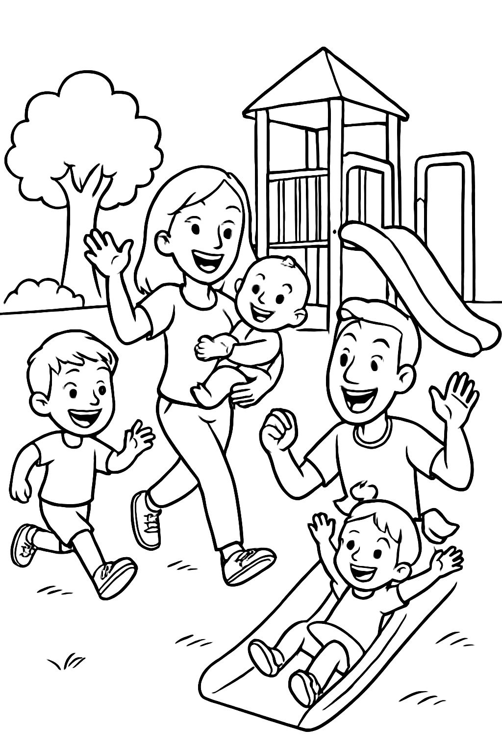 Família com crianças e bebê no parque infantil