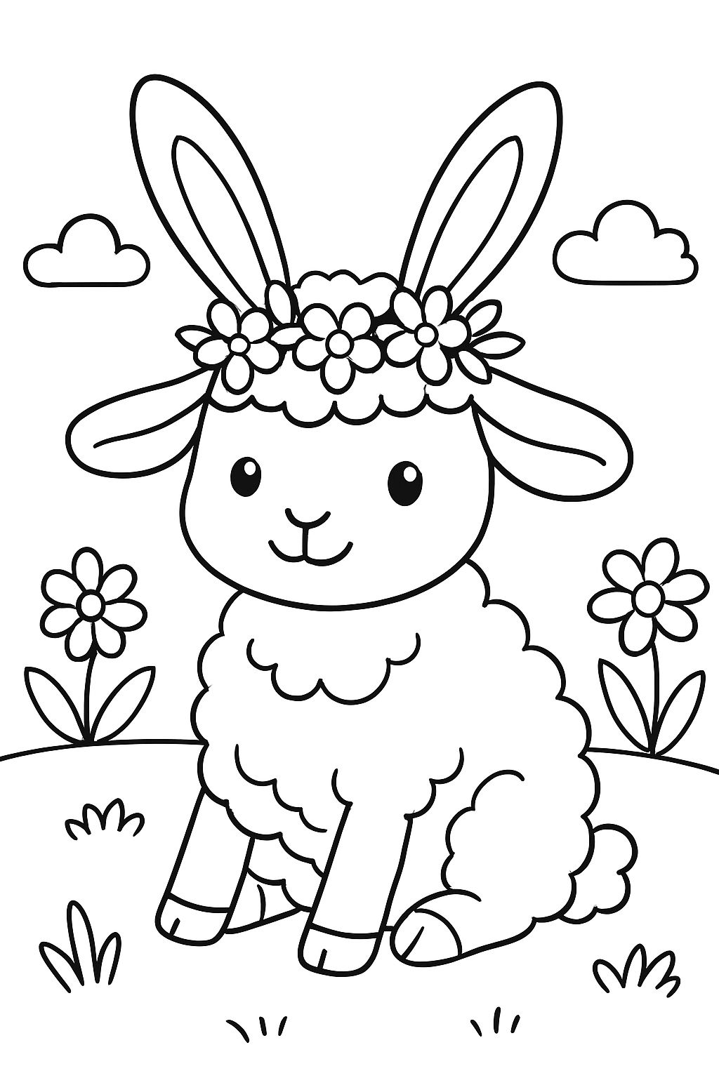 a lamb with bunny ears and a flower crown on its head