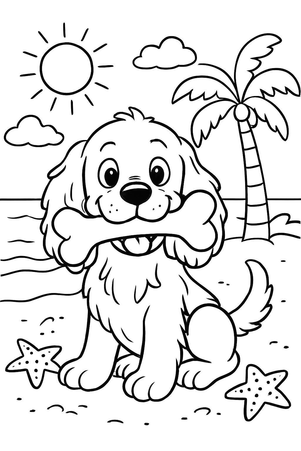 Epagnuel Spaniel with big bone sitting on the beach.