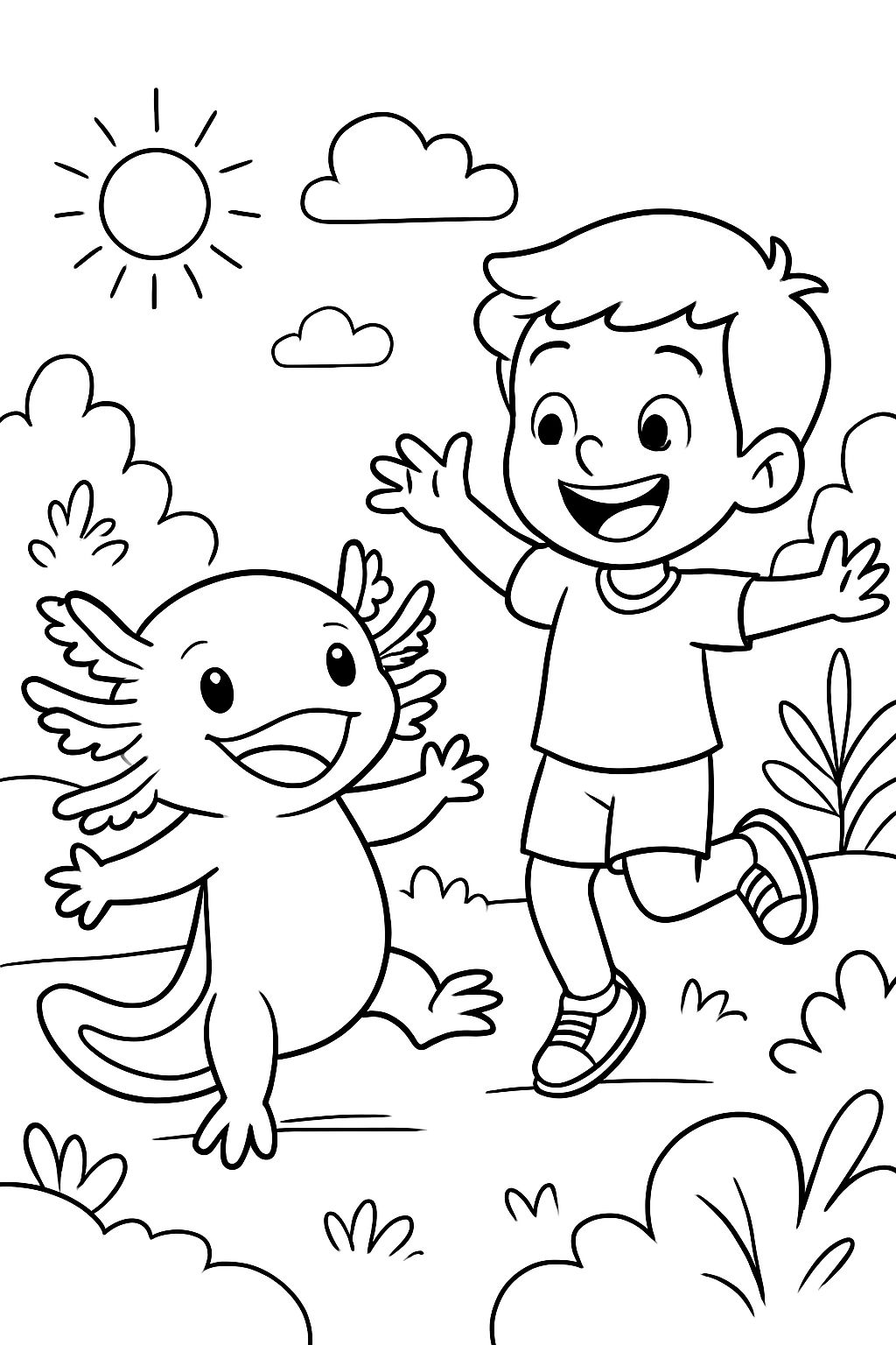 Un ajolote con un niño divirtiéndose.